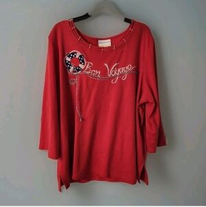 Y2K Alfred Dunner “Bon Voyage” Embellished 3/4 Sleeve Top Plus 1X..bust 50"